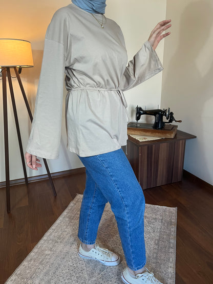 Bağcık detaylı penye bluz (Taş rengi)