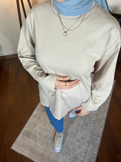 Bağcık detaylı penye bluz (Taş rengi)