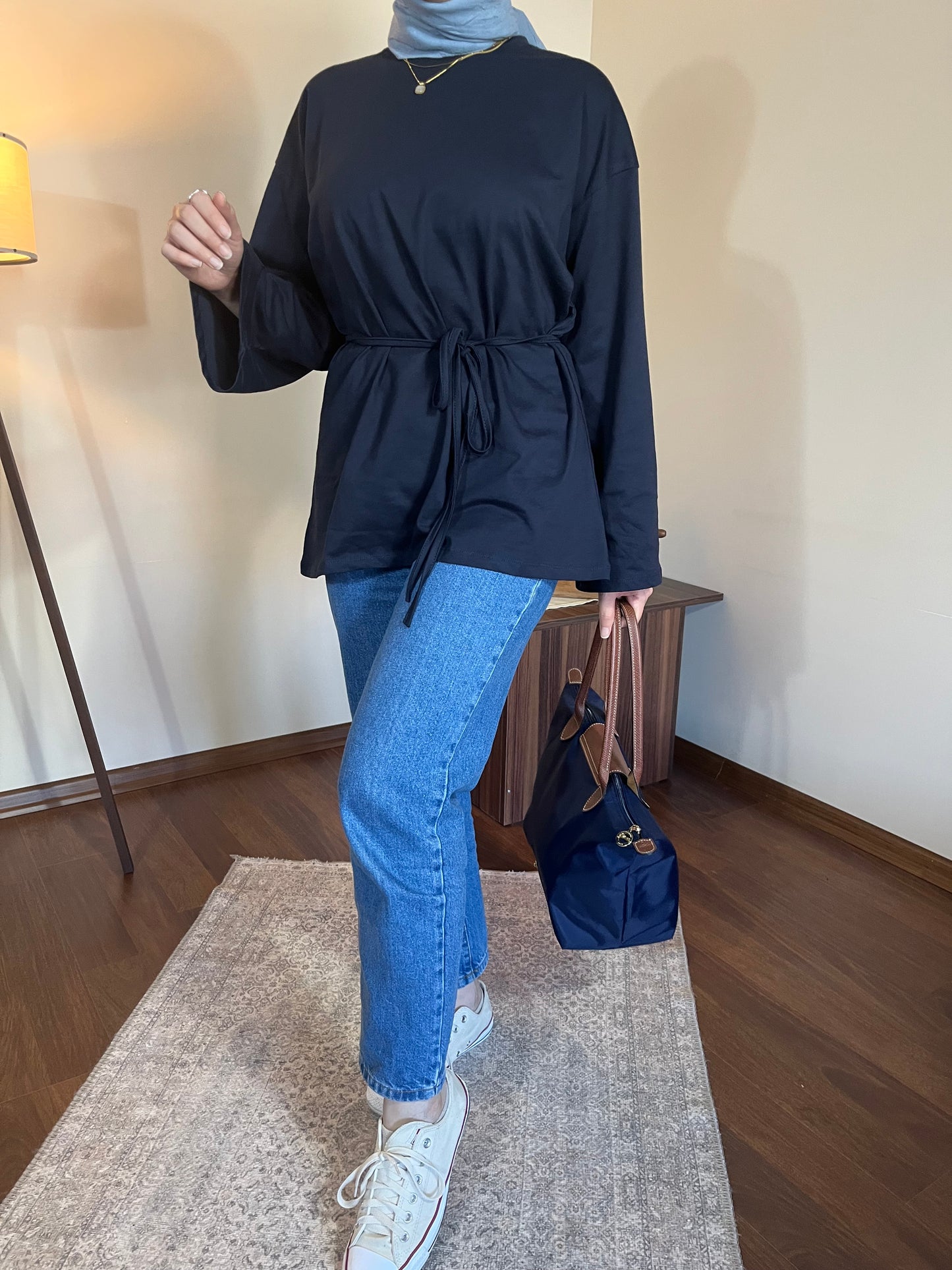 Bağcık detaylı penye bluz (Lacivert)