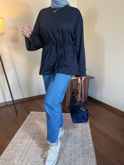 Bağcık detaylı penye bluz (Lacivert)