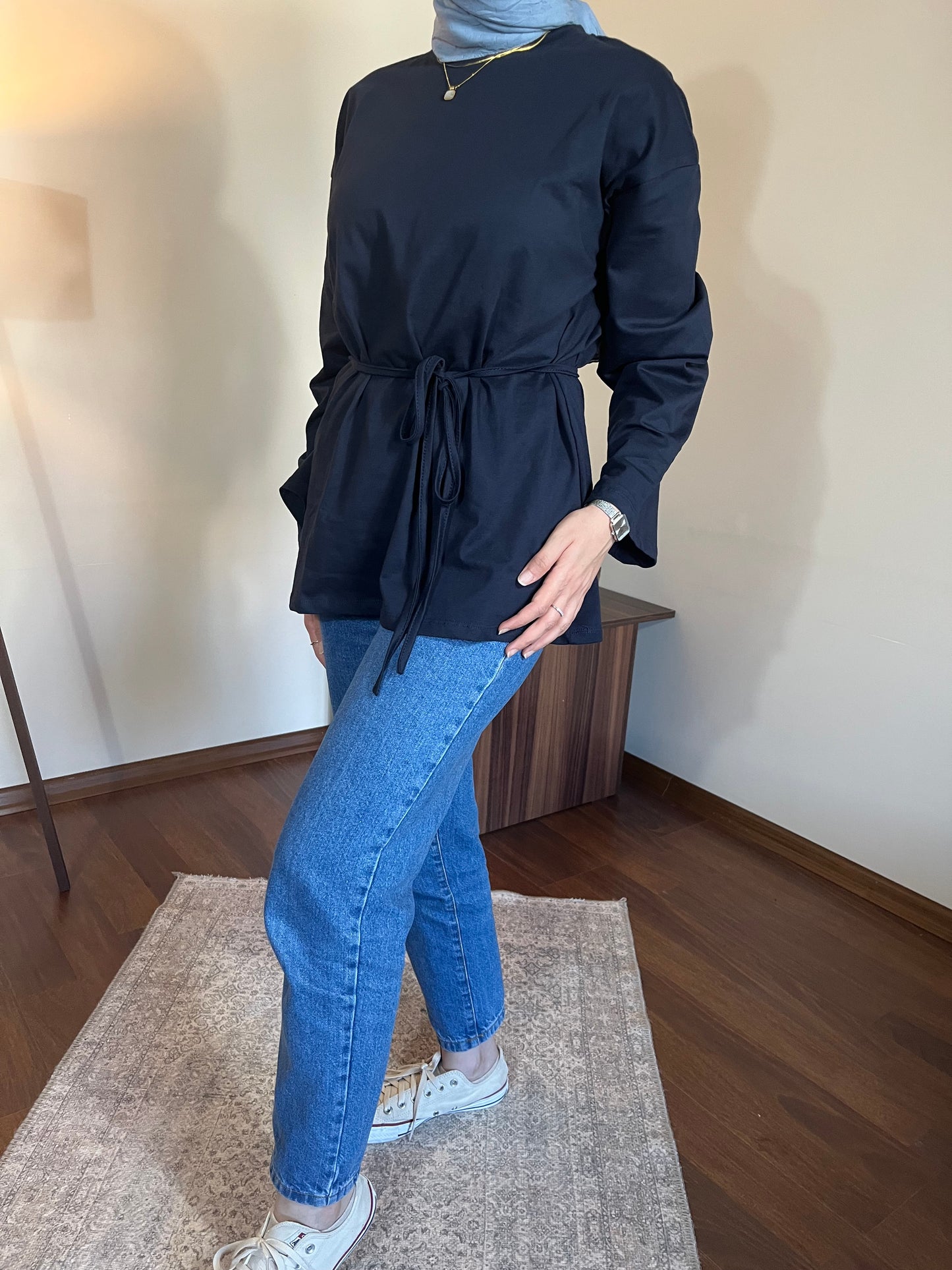 Bağcık detaylı penye bluz (Lacivert)