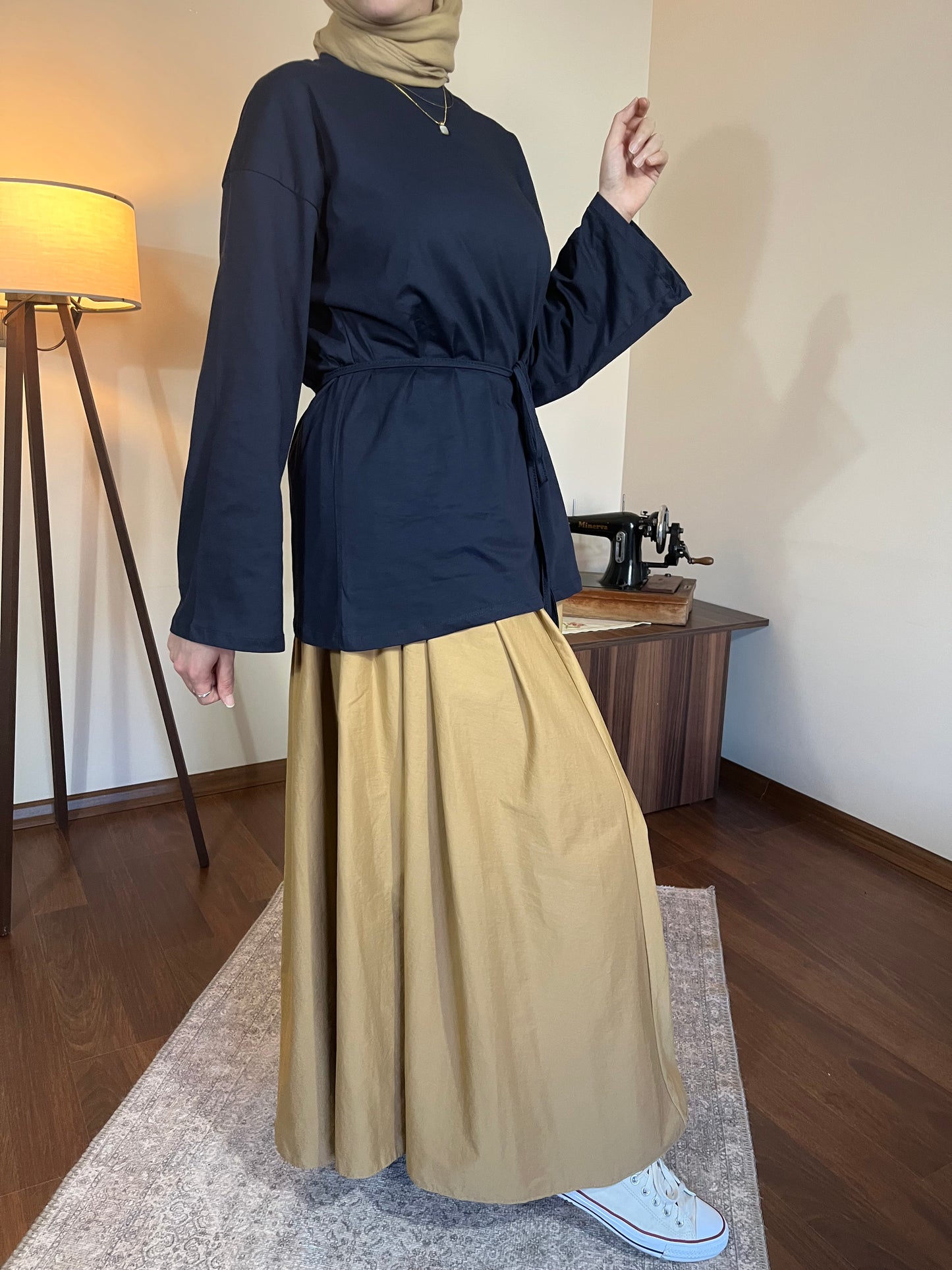 Bağcık detaylı penye bluz (Lacivert)