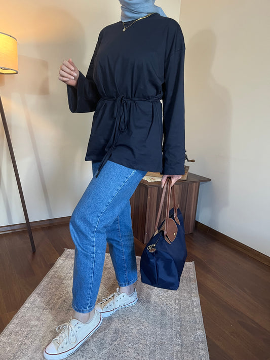 Bağcık detaylı penye bluz (Lacivert)